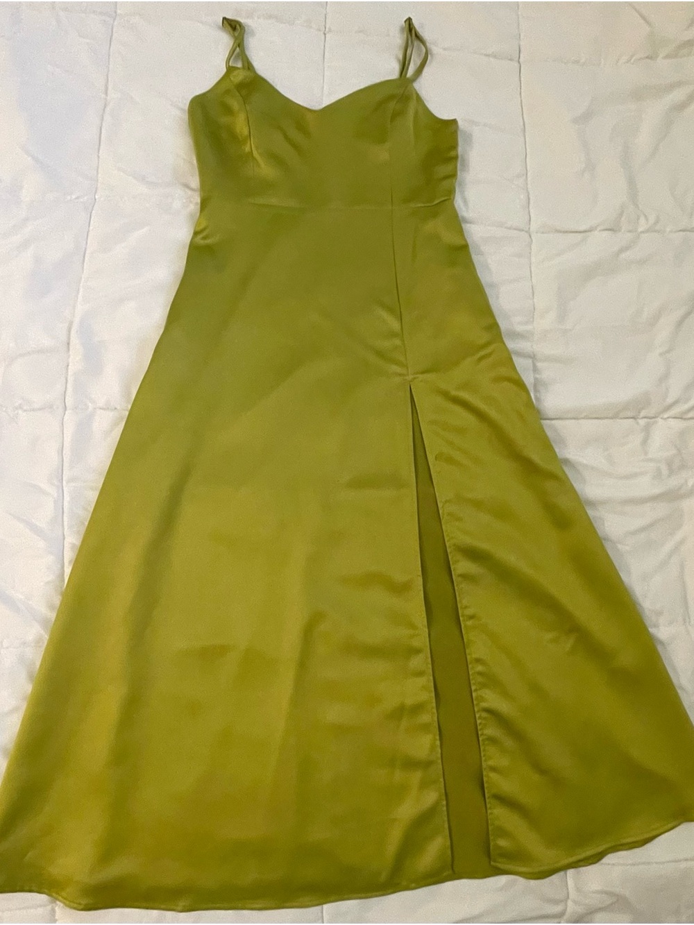 Olive Green Satin Midi Slip Dress with Side Slit